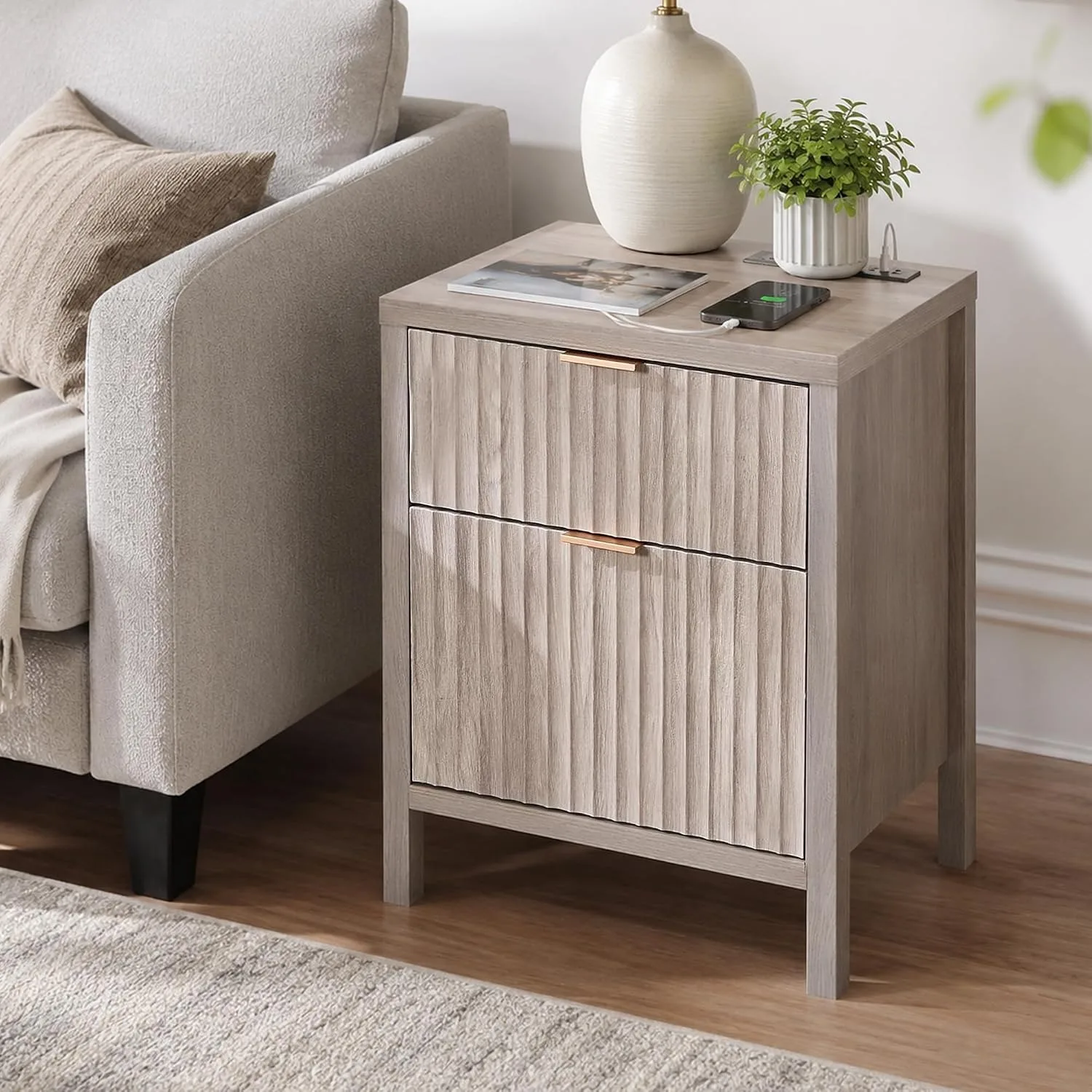 25Inch Tall Fluted Nightstand With Charging Station 2 AC Outlets 2 USB Ports & Smooth Glide Drawers Bedside Table, Custom