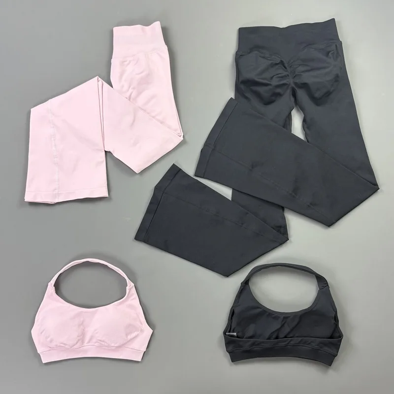 2Pcs Flare Leggings Set Women Seamless Yoga Halter Top and Scrunch Butt Flare Pants Sets Ribbed Flare Yoga Set for Yoga Workout