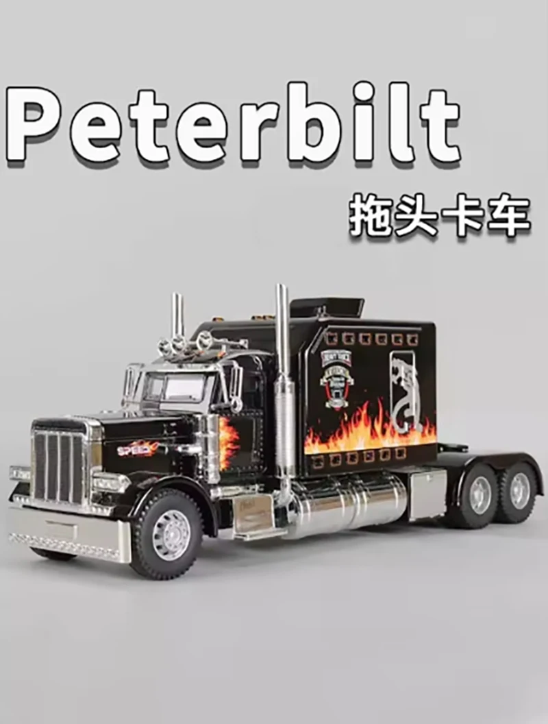 Diecast Alloy 1/24 Peterbilt 389 Heavy Truck Tractor Toy Model Sound Light Pull Back Model Truck Collection Boys Toy Gifts