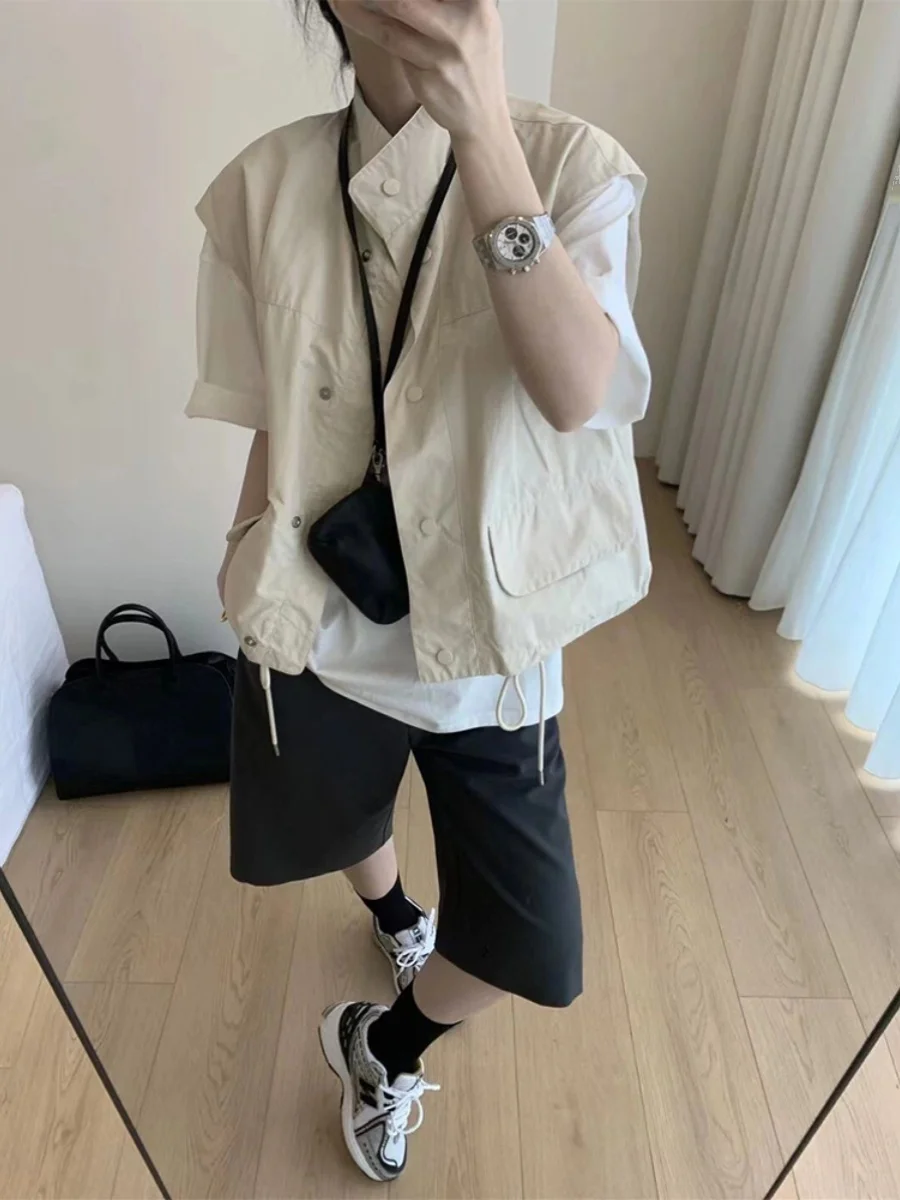 

Loose Fit Korean Style Women's Vest Jacket Summer Fashionable Stand Collar Layering Outerwear Casual Workwear Top