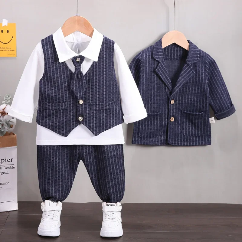

2025 new children's solid color Plaid gentleman suit set boy's tie shirt trousers three piece set children's baby formal dress
