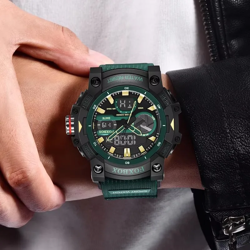 FOXBOX 패션 스포츠 시계 남자 충격 방지 50M 방수 손목 시계 LED 알람 스톱워치 시계 군사 남자 시계 + 상자