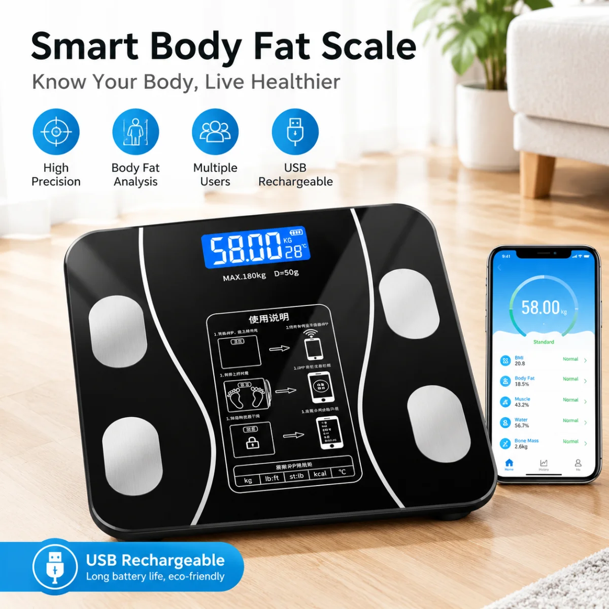Bluetooth Smart Body Fat Scale Digital Weight Scale 4 Sensors 180kg Body Composition Analyzer for Home Bathroom