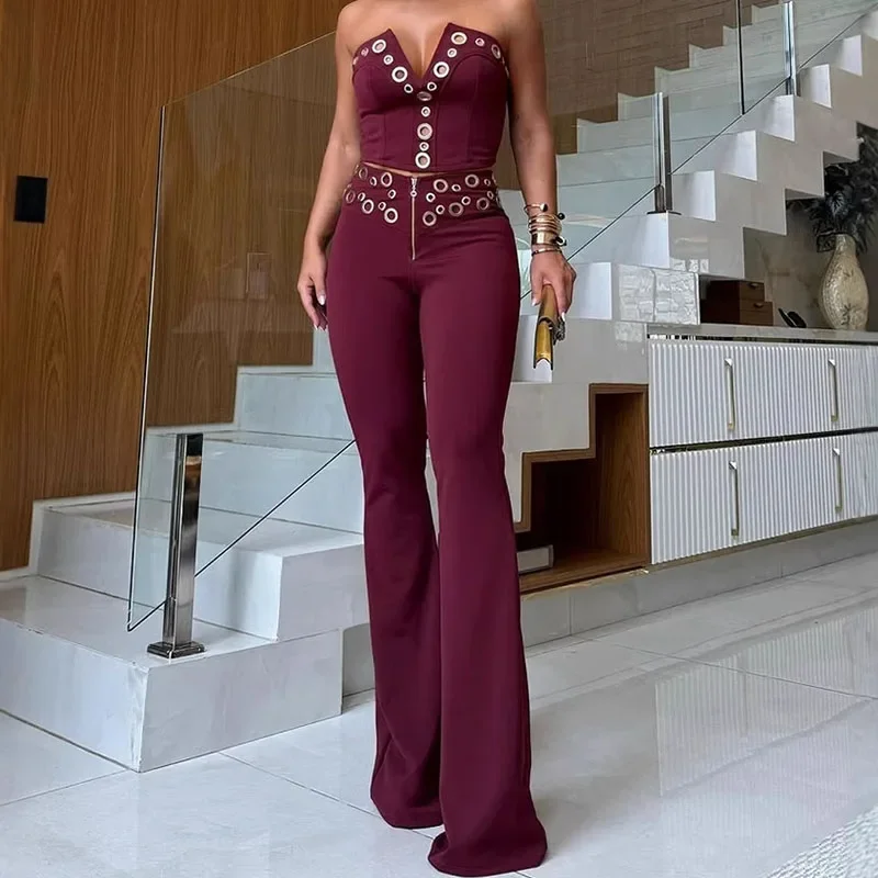 

Elegant Fashion Two Piece Set for Women Birthday Night Club Outfits Metal Ring Strapless Crop Top and Flare Pants Matching Sets