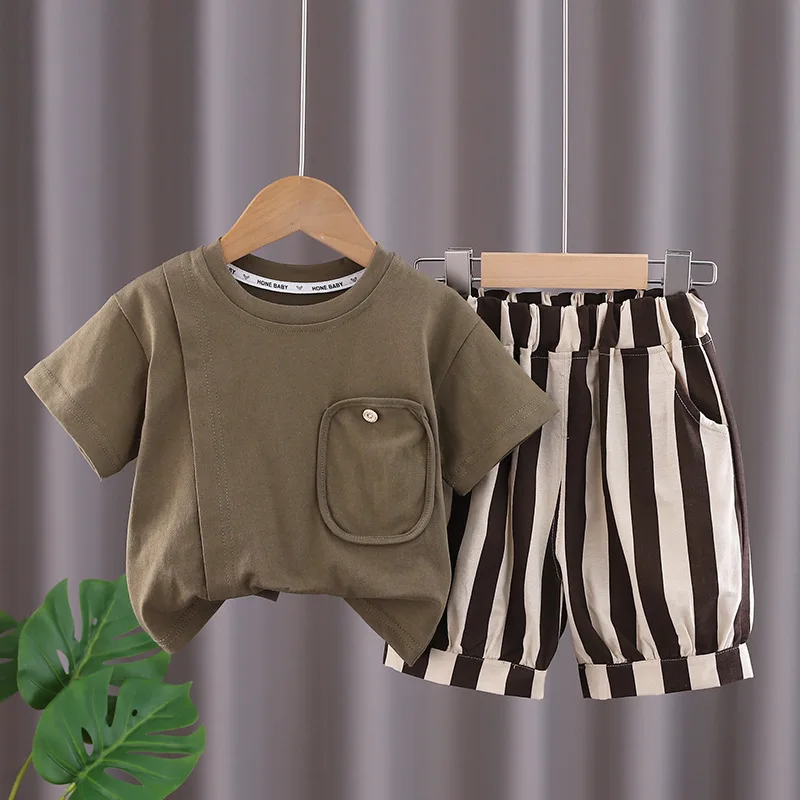 

2024 Summer Baby Clothing Set Boys Clothes Green Brown Tops Tee And Shorts Suit Toddler Boys Outfit 1 2 3 4 5 6 Years 2pcs Sets
