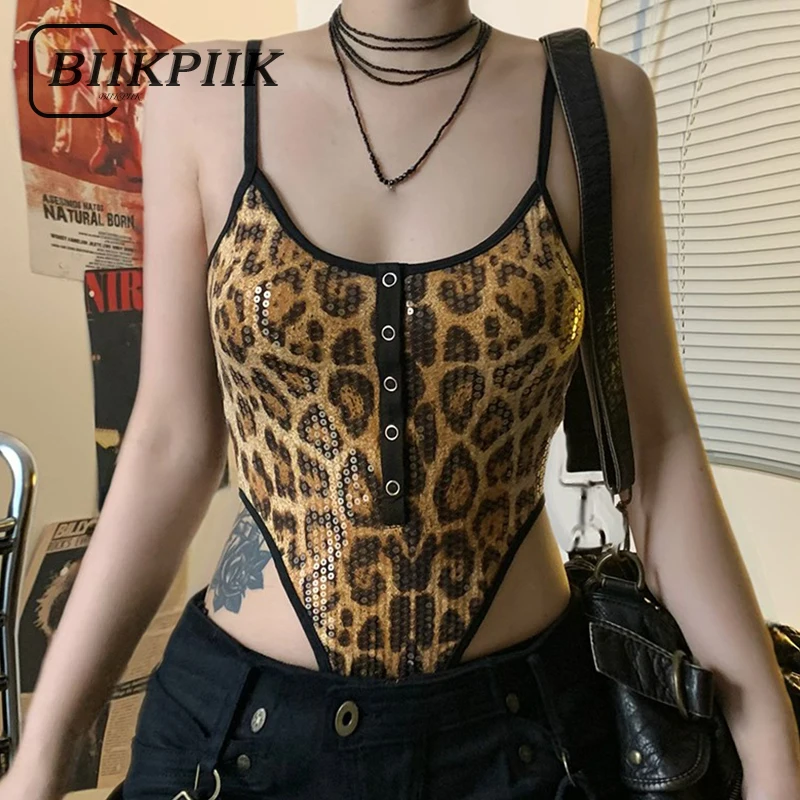 BIIKPIIK Sexy Sequined Leopard Bodysuits Fashion Spaghetti Strap Low-cut Skinny Women Rompers Club Bling Bodysuit Midnight Party