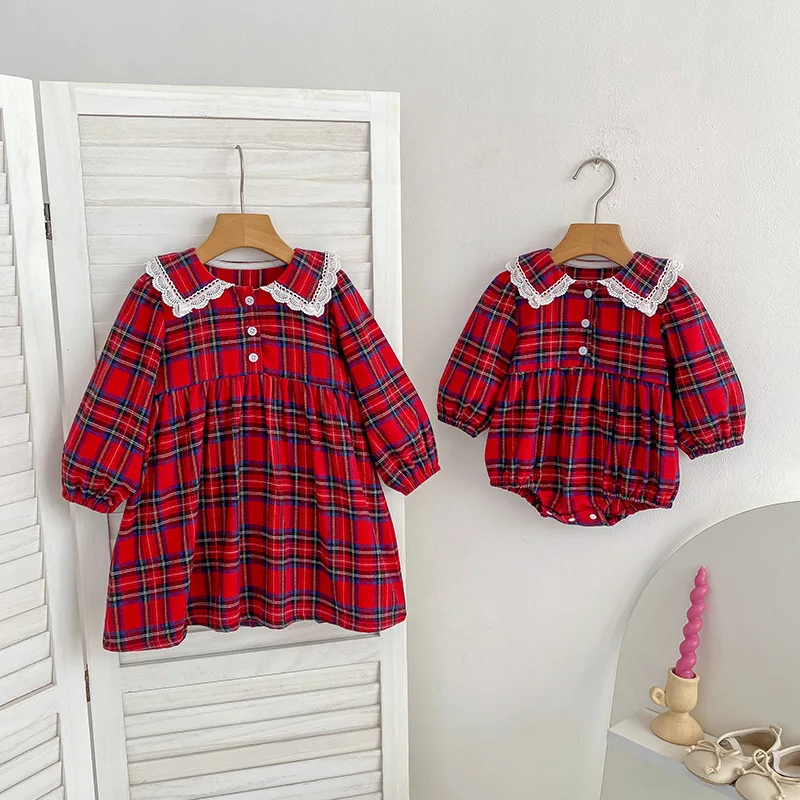 Girls Dress 2026 Spring and Autumn New Children's Clothing Korean Style Girl Baby Christmas Plaid Dress Onesie Sister Dress