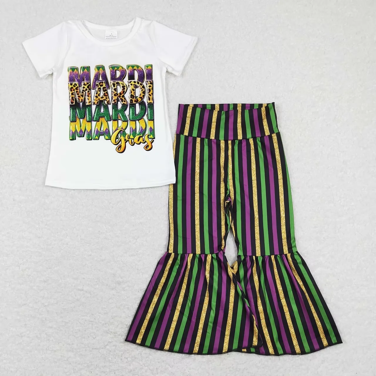 Wholesale Baby Girl Short Sleeves Shirts Clothes Toddler Children Stripes Bell Bottom Pants Crawfish Outfit Kids Mardi Gras Set