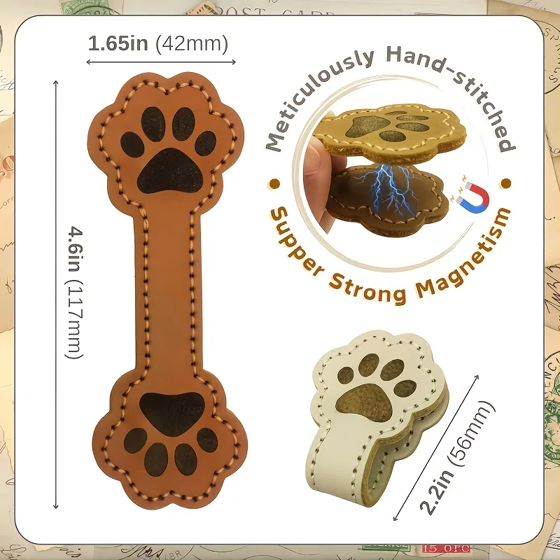 3 قطع من الإشارات المرجعية المغناطيسية المصنوعة من جلد البولي يوريثان على شكل كلب لطيف - جلد PU باللون الأبيض والبني والأسمر مع تصميم مخلب منقوش، مثالي لمحبي الكتب