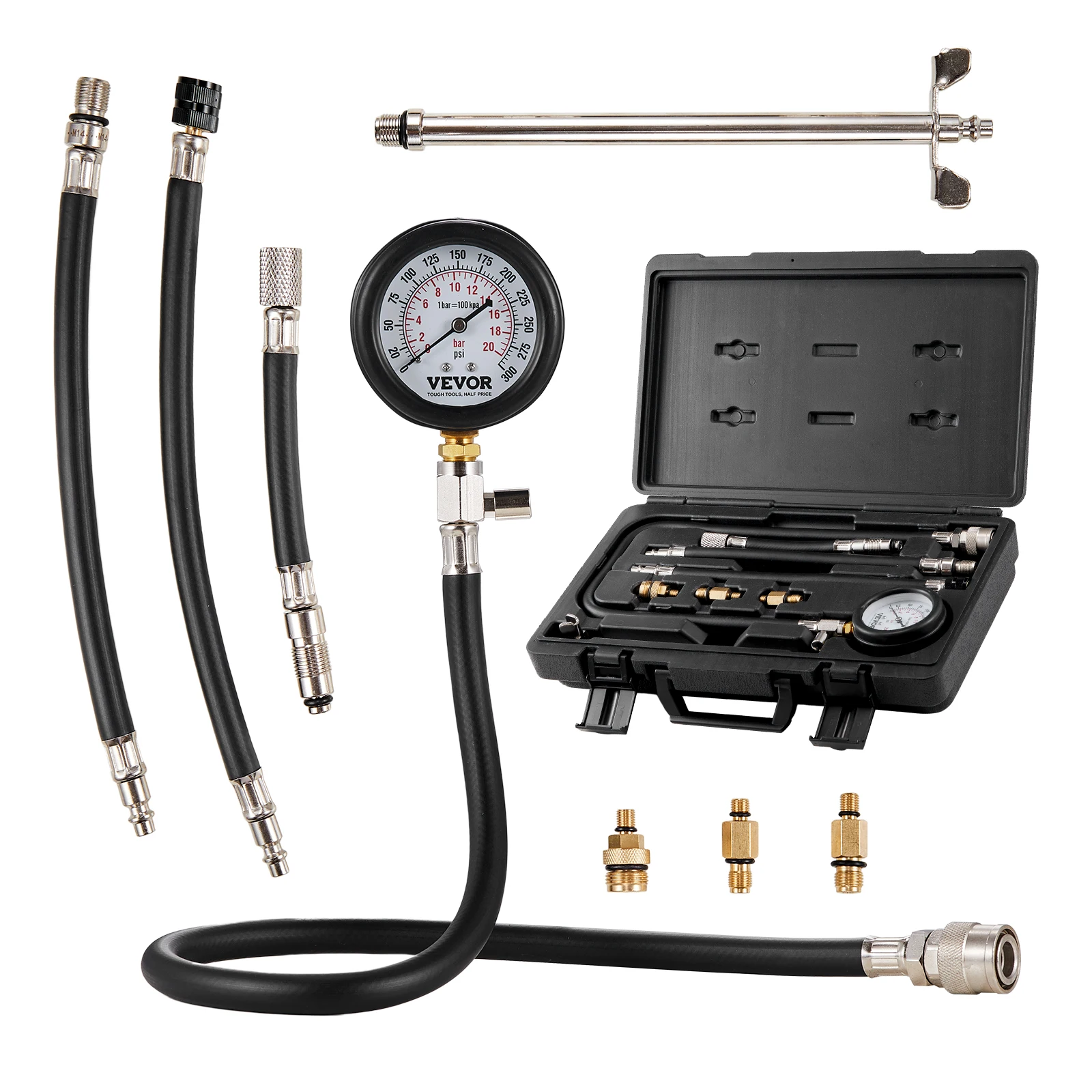 VEVOR Compression Tester Adapter Kit Accurate Dual Scale Pressure Gauge 0-300 psi, with Long Reach Hoses for Engine Cylinders