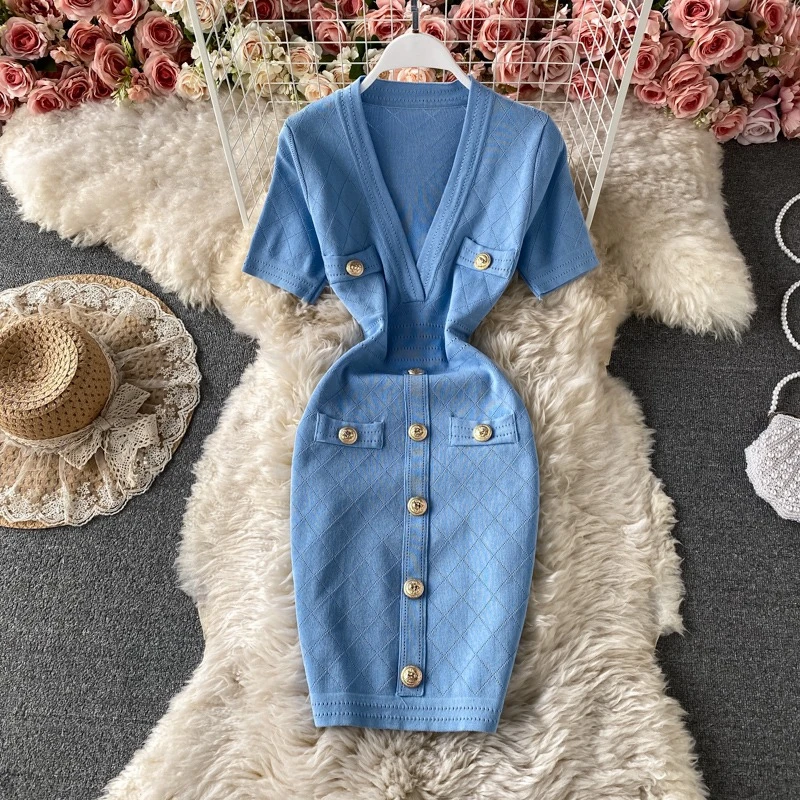 

2025 Summer Outfit New Style French Waist Cinched Deep V-Neck Hip Hugging Knitted Dress