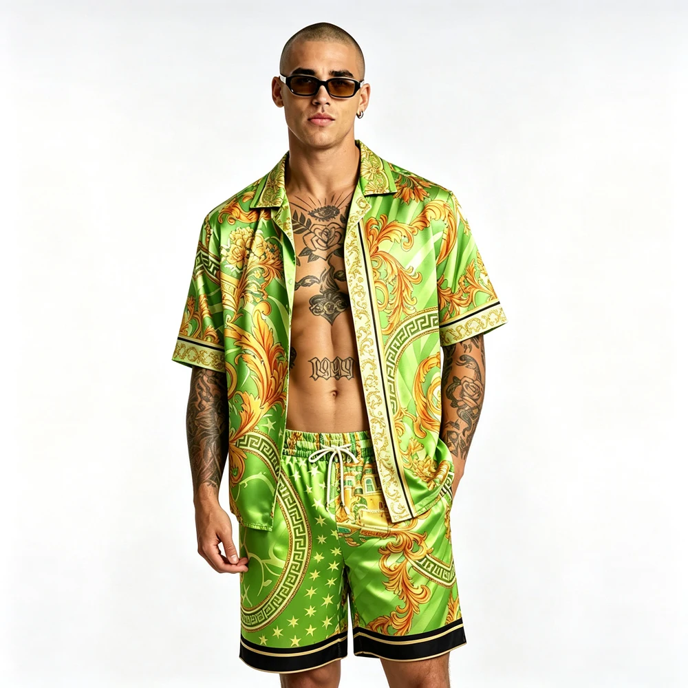 2026 New Men's Edgy Short Sleeve and Shorts 2-Piece Set, Fashion Pattern 3D Printed Shirt, Hawaiian Vacation Festival Party Men'