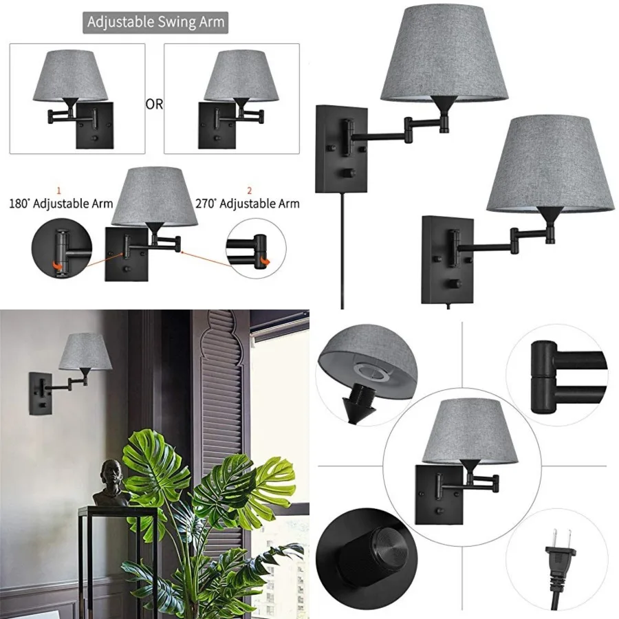 Plug in Wall Sconce Set of 2 Swing Arm Wall Lamp with Plug in Cord and Grey Fabric Shade Wall Light Fixtures for Hallway Bedroo