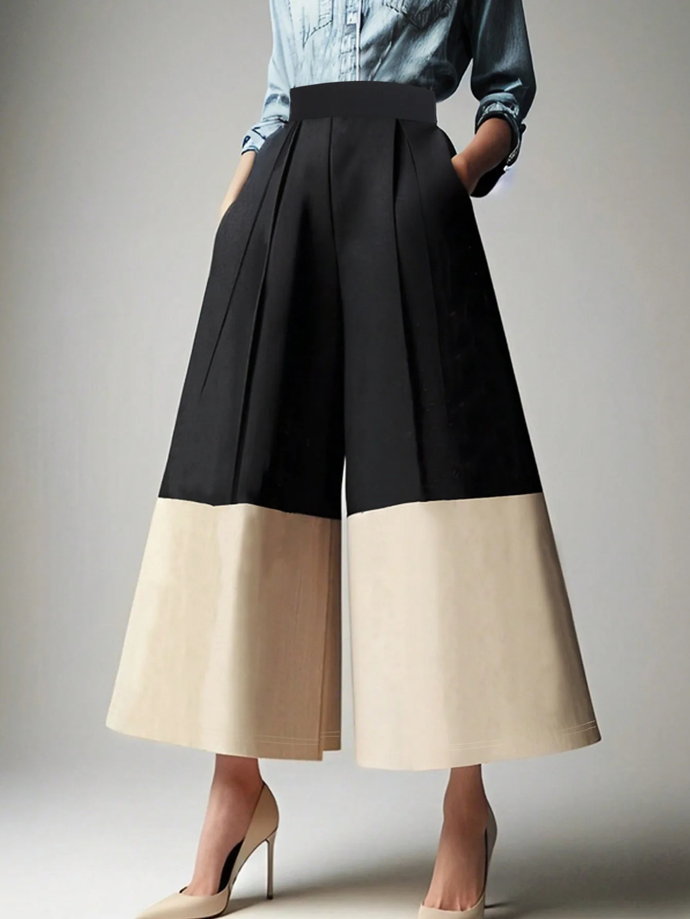 

Lady Stylish Contrast Color Pockets Wide Leg Pant Trendy Elastic High Qaisted Casual Trousers