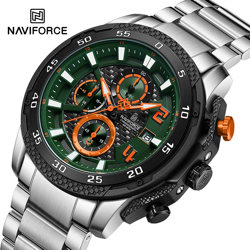 NAVIFORCE 8047S Waterproof Stainless Steel Band Man Watch Business Casual Quartz Chronograph with Date Display Men\'s Wristwatch