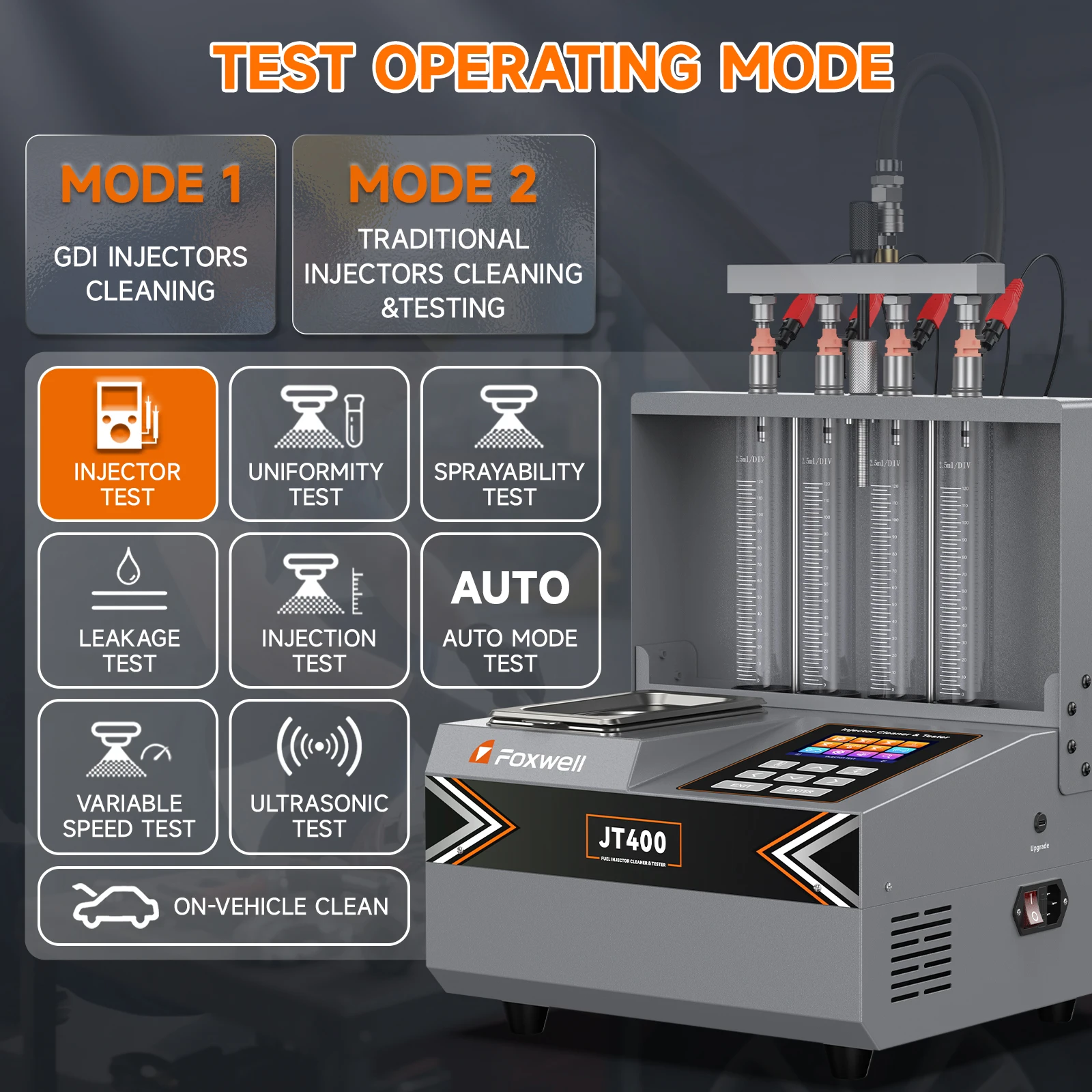 

Fuel Injector Cleaner Tester AUTO Mode Test Leakage Tests FOXWELL JT400 110/220V Ultrasonic Cleaning Analyzer Diagnostic Tools