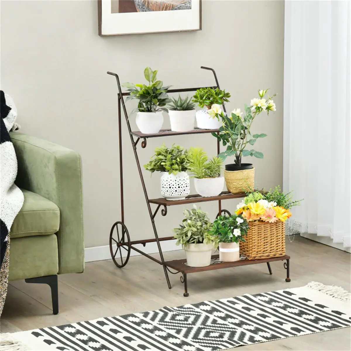 3-Tier Rolling Plant Stand with Wheels – Multi-Layer Flower Pot Organizer for Indoor/Outdoor Use