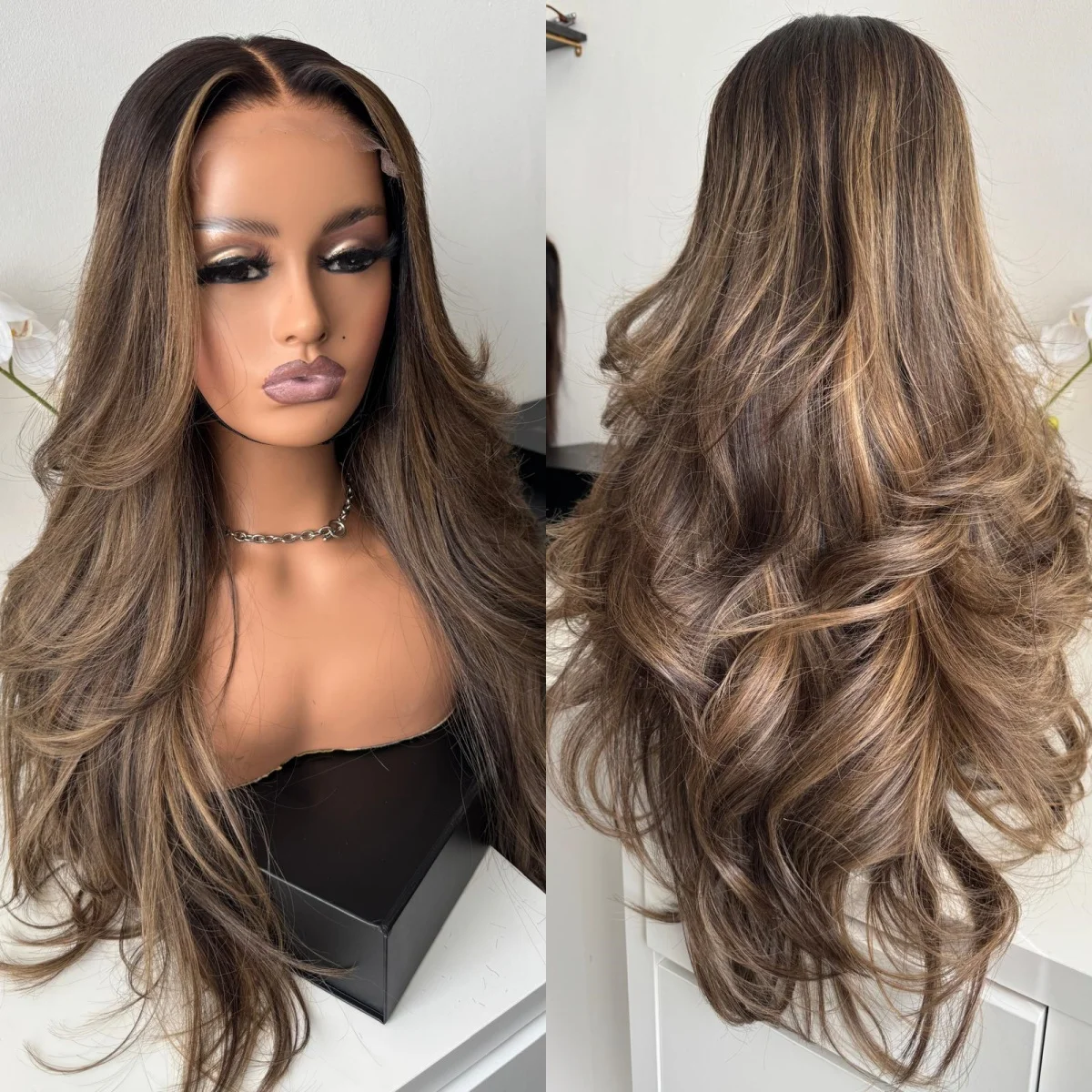 28 Inches Dark Chocolate Brown with Blonde Highlights Synthetic Lace Frontal Wigs Realistic Look Natural Preplucked Hairline Wig