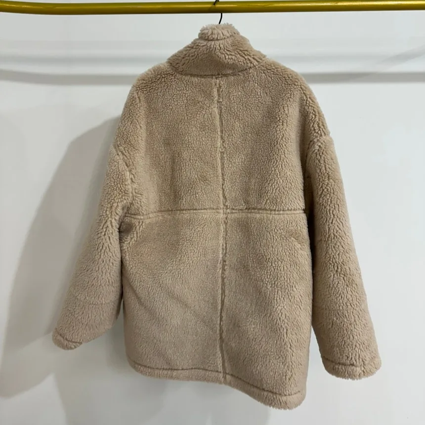 Senhoras chique coreano sle casaco de pele quente solto ajuste colarinho outono inverno nova chegada all-match pele de cordeiro intercuído outerwear