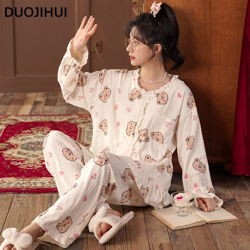DUOJIHUI-Pyjama à Manches sulfet Col Rond pour Femme, Ensemble Chic, Imprimé Doux, Cardigan, Pantalon Simple, à la Mode, Nouvelle Collection Automne