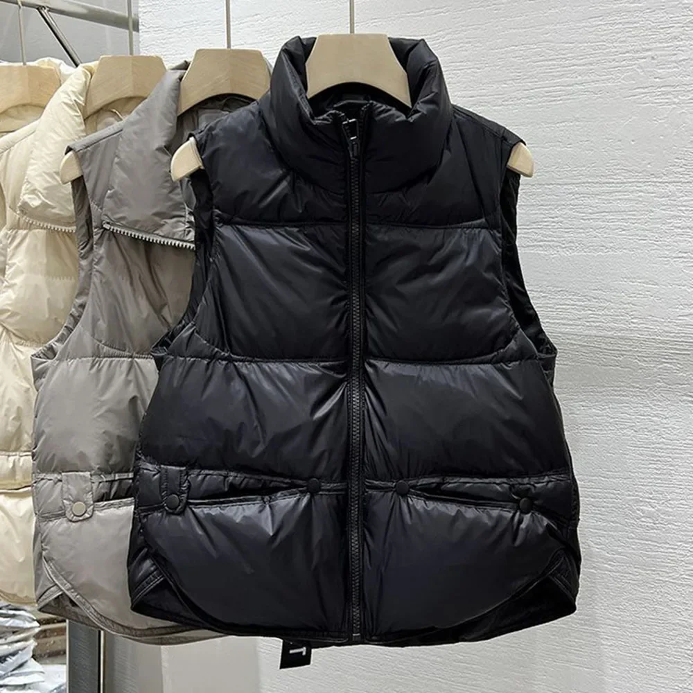 Autumn Winter Down Vest Jackets for Women Ultra Light Stand Collar Beige Sleeveles Cotton Coat Parka Ladies Warm Waistcoat E3