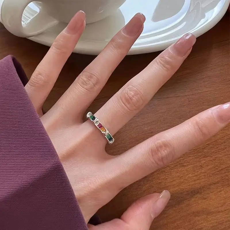 925 Sterling Silver Warna-warni Batu Garis Cincin untuk Wanita Perhiasan Baik Jari Dapat Disesuaikan Terbuka Cincin Antik untuk Pesta Hadiah Ulang Tahun