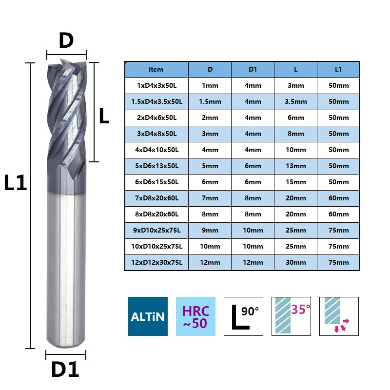 XCAN Milling Cutter 4 Flute Milling Cutter Router Bit 3-12mm HRC 50 Carbide End Mill TiALN Coated CNC Machine Milling Tools