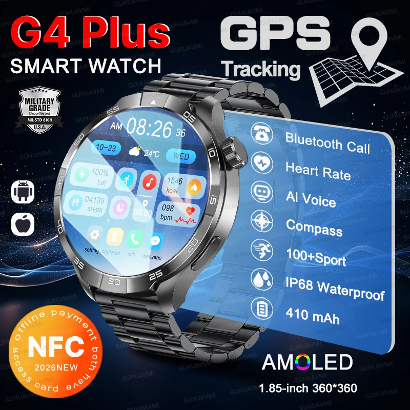 

2026 Upgrade NEW GPS Sport SmartWatch Men G4 Plus IP68 Waterproof Bracelet Compass NFC 1.85" AMOLED Bluetooth Call Outdoor Watch