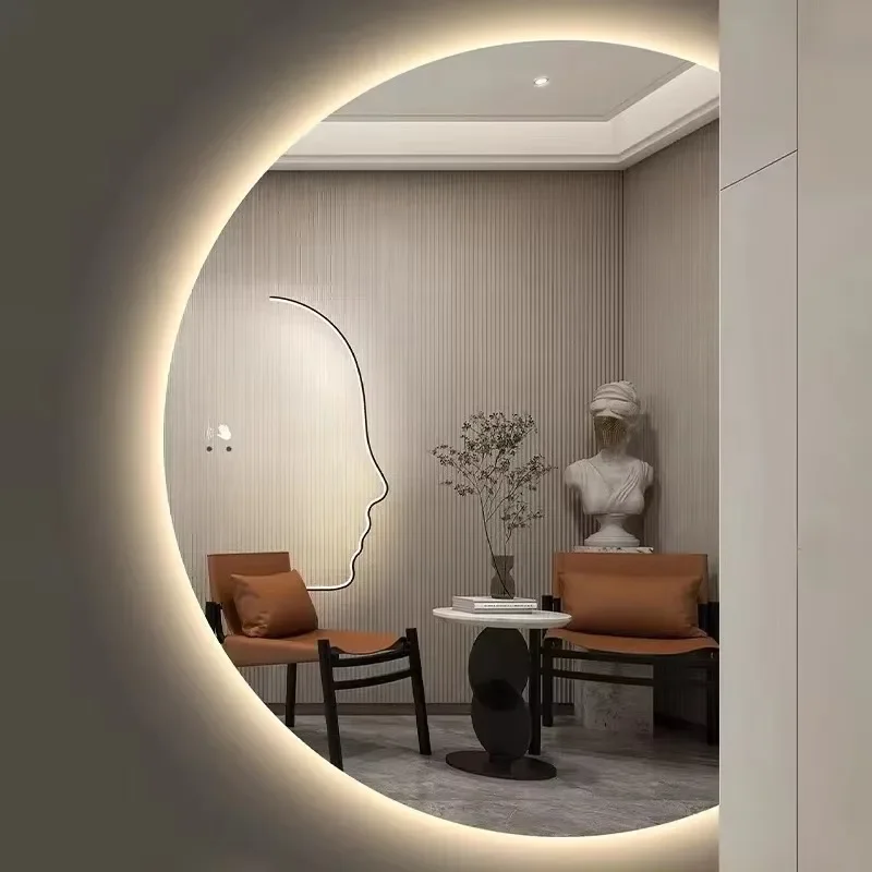 Modern Round Half Moon Smart Bathroom Mirror Touch Screen LED Backlit Wall Mounted for Hotels Illuminated Bath Decorative Wall