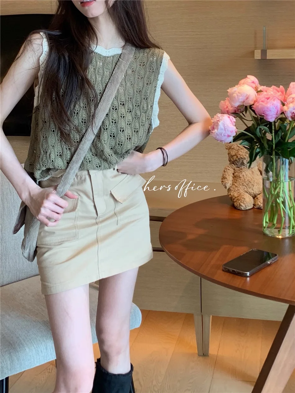 Hollowing Out Fashion Unique Knitting Vest Female Summer New Pure Desire Loose Appear Thin Splicing Contrasting Colors Tops
