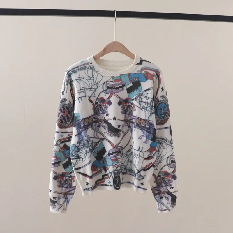 Autumn and Winter New Heavy Industry Abstract Pattern Full Body Printed round Neck Pullover Sweater Bottoming Shirt All-Matching