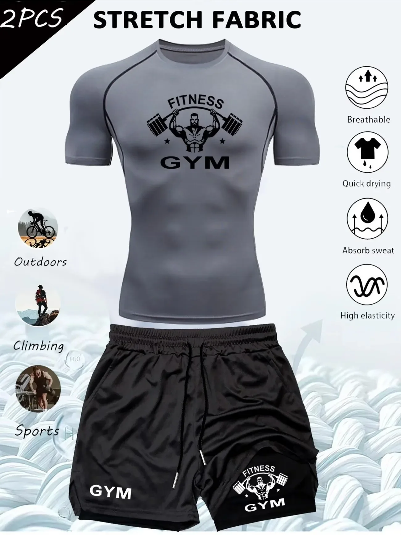 Men 2Pcs Gym Training Sportswear Suit GYM Print Compression T‑Shirt 2‑in‑1 Double‑Layer Shorts Quick Dry Elastic Running Outfit