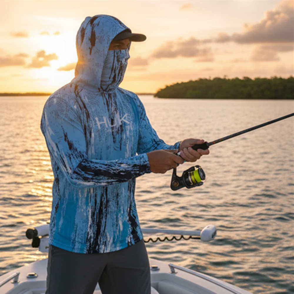 

HUK Hood Fishing Shirt Mask Long Sleeve Clothing T Shirt ProtectionApparel UPF 50+ Camisa Fishing T Shirt Pesca Equipamentos