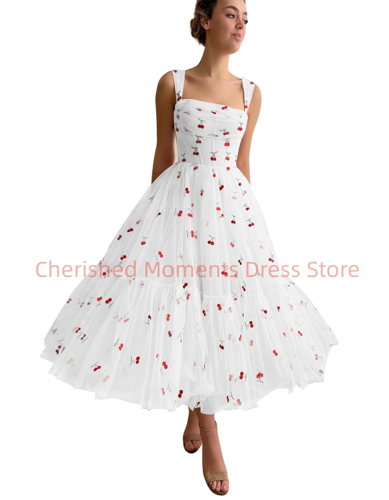 Cherry Cupcake Tulle Midi Homecoming Dress Tea Length Cocktail Dresses Prom Gowns Dress A-Line Party Evening Special Occasion