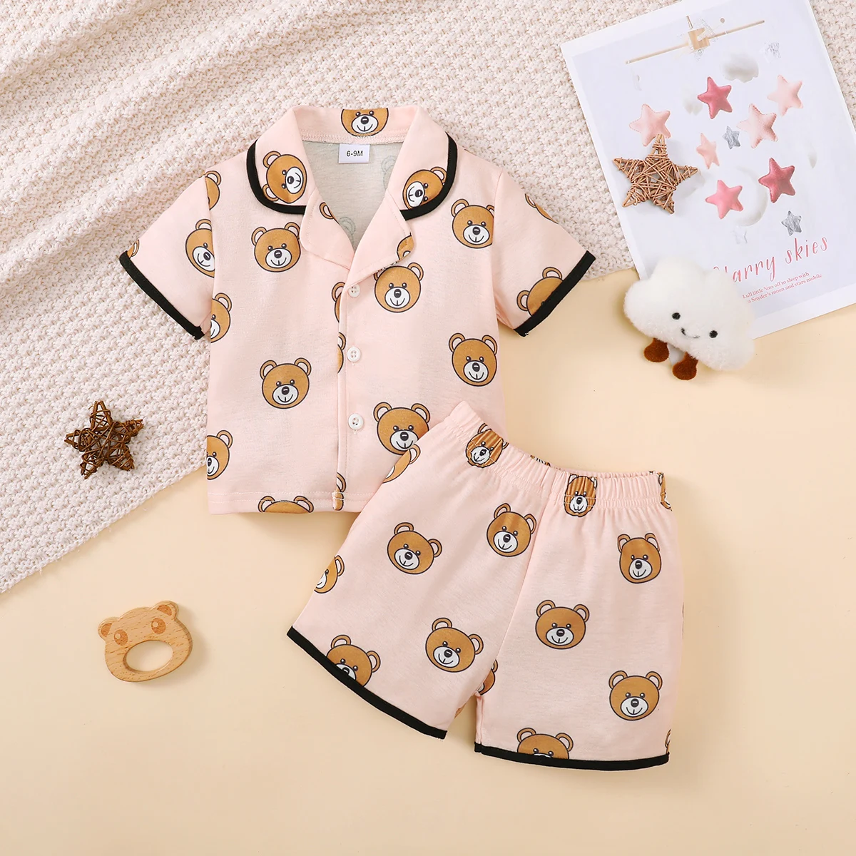 Children\'s Girls\' Cartoon Pajamas Teddy Bear Strawberry print Short sleeved+Shorts 2Pcs/Set 0-3 Years old Cute Baby Girl Pajamas