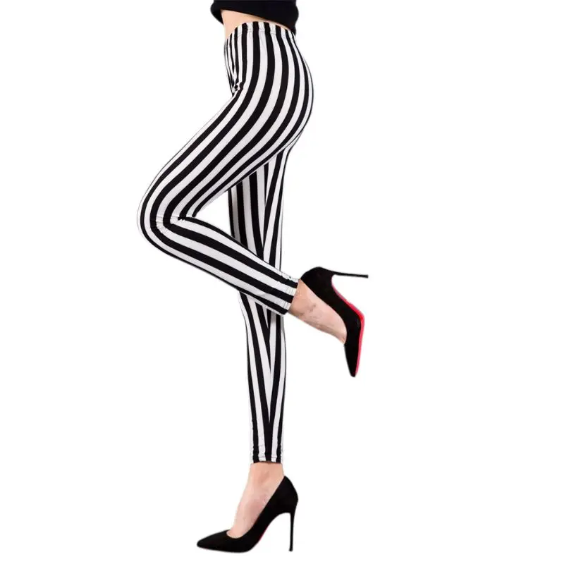 Womens Mid Rise Ankle Length Stretchy Leggings Black White Vertical Striped Prin