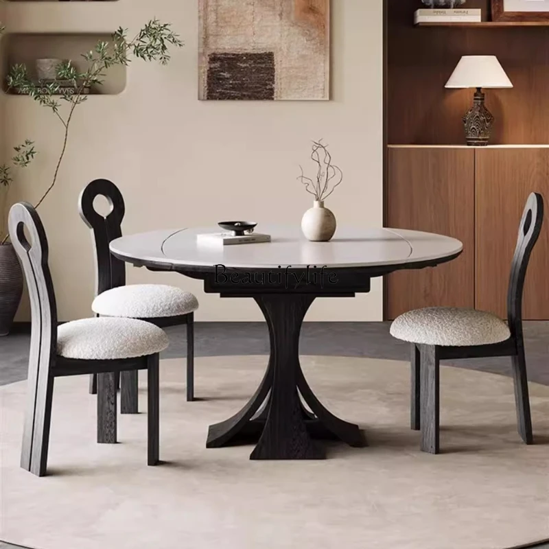 

Wabi-Sabi Style Solid Wood and Stone Dining Table and Chair Set for Home Use, Ash Wood, Extendable and Foldable