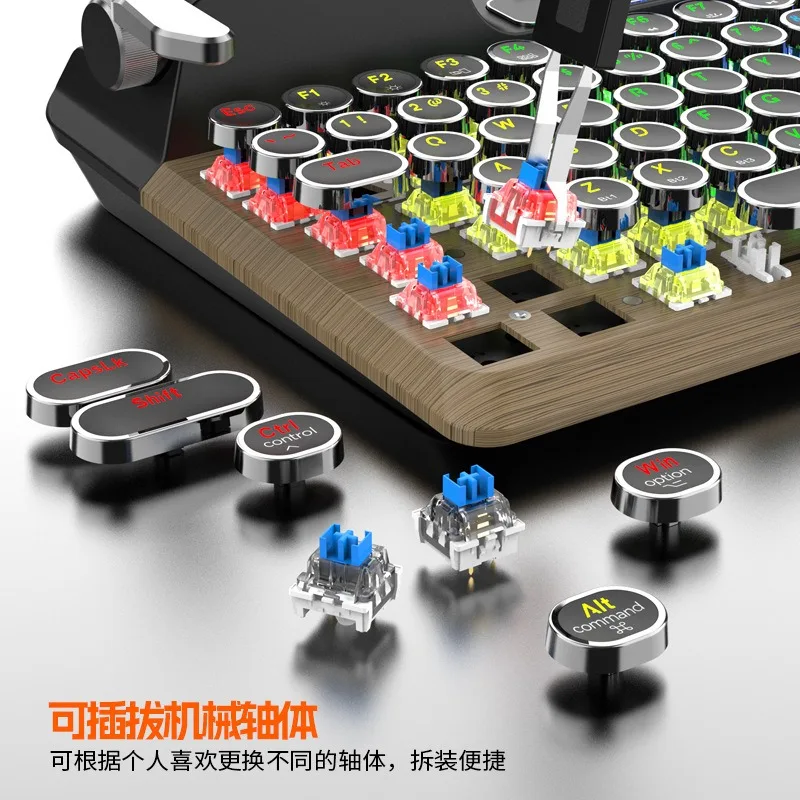 Retro typewriter bluetooth keyboard three-mode connection steampunk pluggable shaft charging round keycap mechanical keyboard