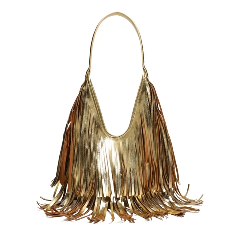 

Осенняя Золотая Мягкая искусственная кожа с длинными кисточками Сумка на плечо в стиле бохо Женская сумка с бахромой Hobos Сумка подмышками Женская сумка-тоут A Main