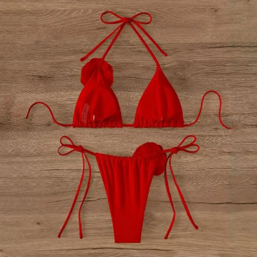 2Pcs/Set Women Bikini Set Lace-up Halter Padded Bra Swimming Trunks Set 3D Flower Decor Beach Style Swimwear
