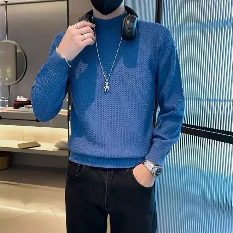 

Man Clothes Solid Color Plain Half Collar Knitted Sweaters for Men Blue Pullovers Turtleneck Korean Autumn Loose Fit Over Knit S