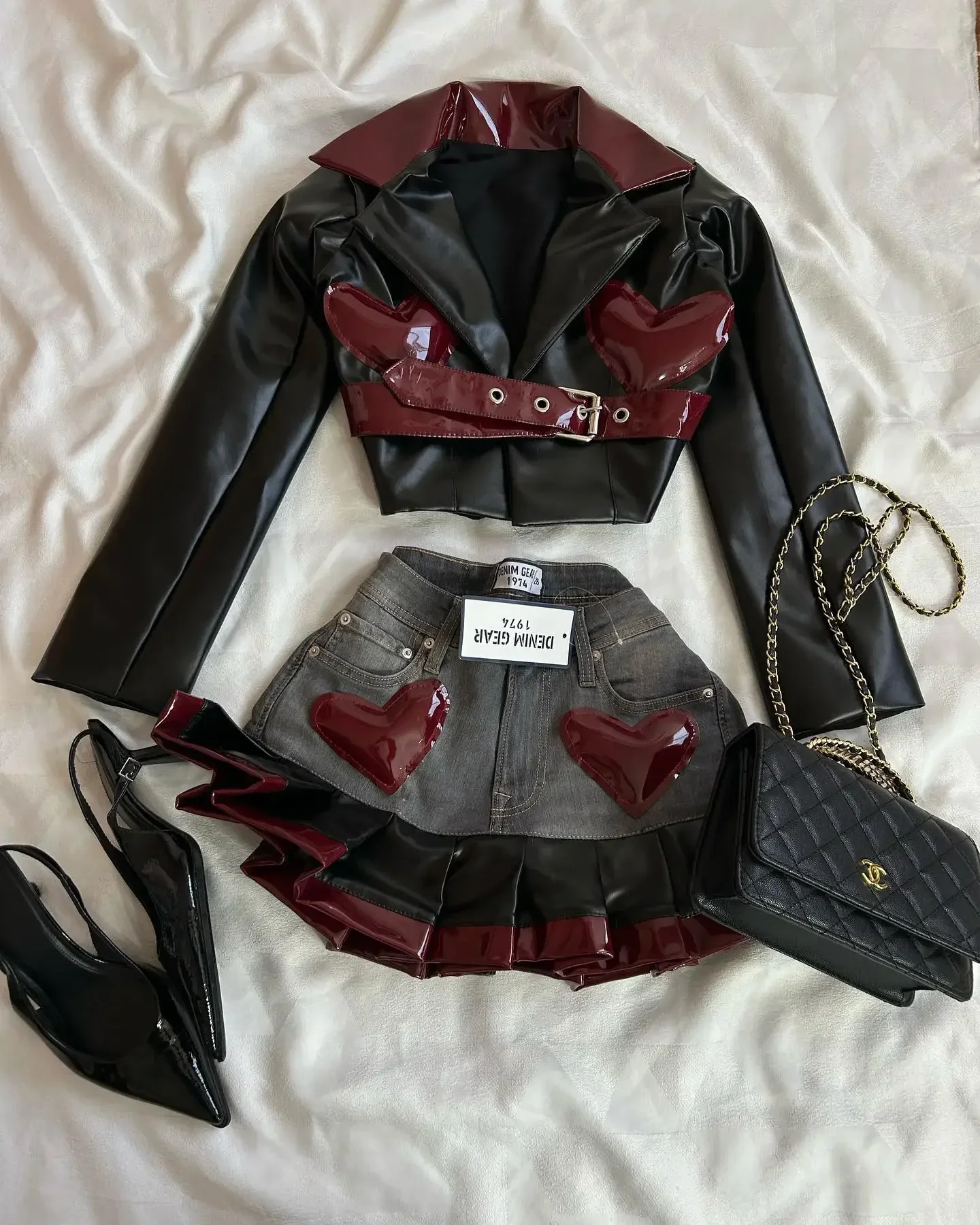 Y2K Women Two Piece Harajuku Gothic Jacket Cropped Denim Streetwear Heart Shape Leather Outfit Patchwork Pleated Mini Skirt Suit