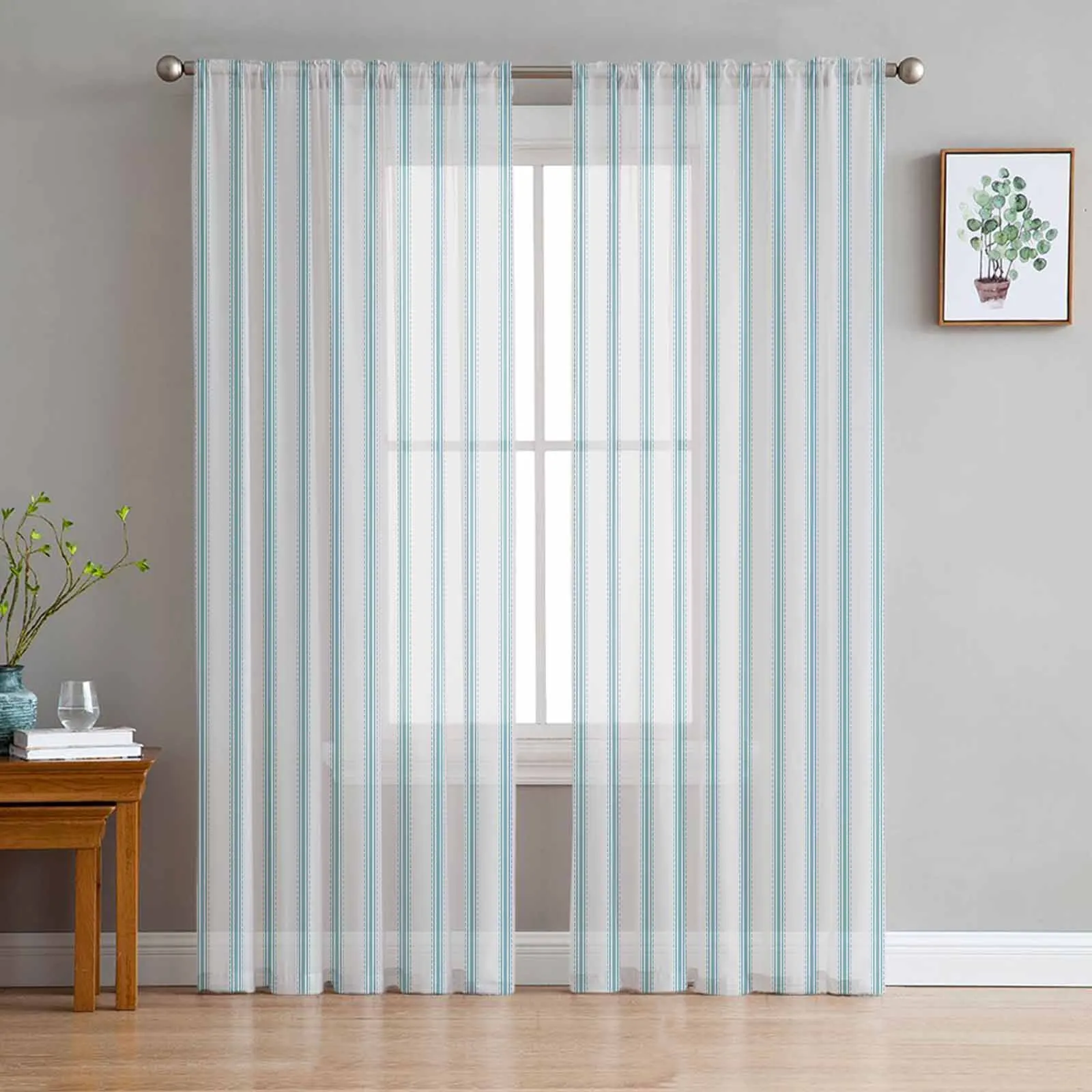 

Striped Blue-Green Sheer Curtains for Living Room Bedroom Window Treatment Kitchen Chiffon Curtain