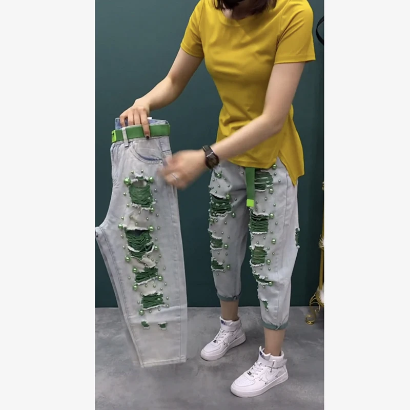 Solto een denim jeans feminino verão fino em linha reta calças de perna larga cintura alta nove pontos harlan pobre solto ajuste jeans