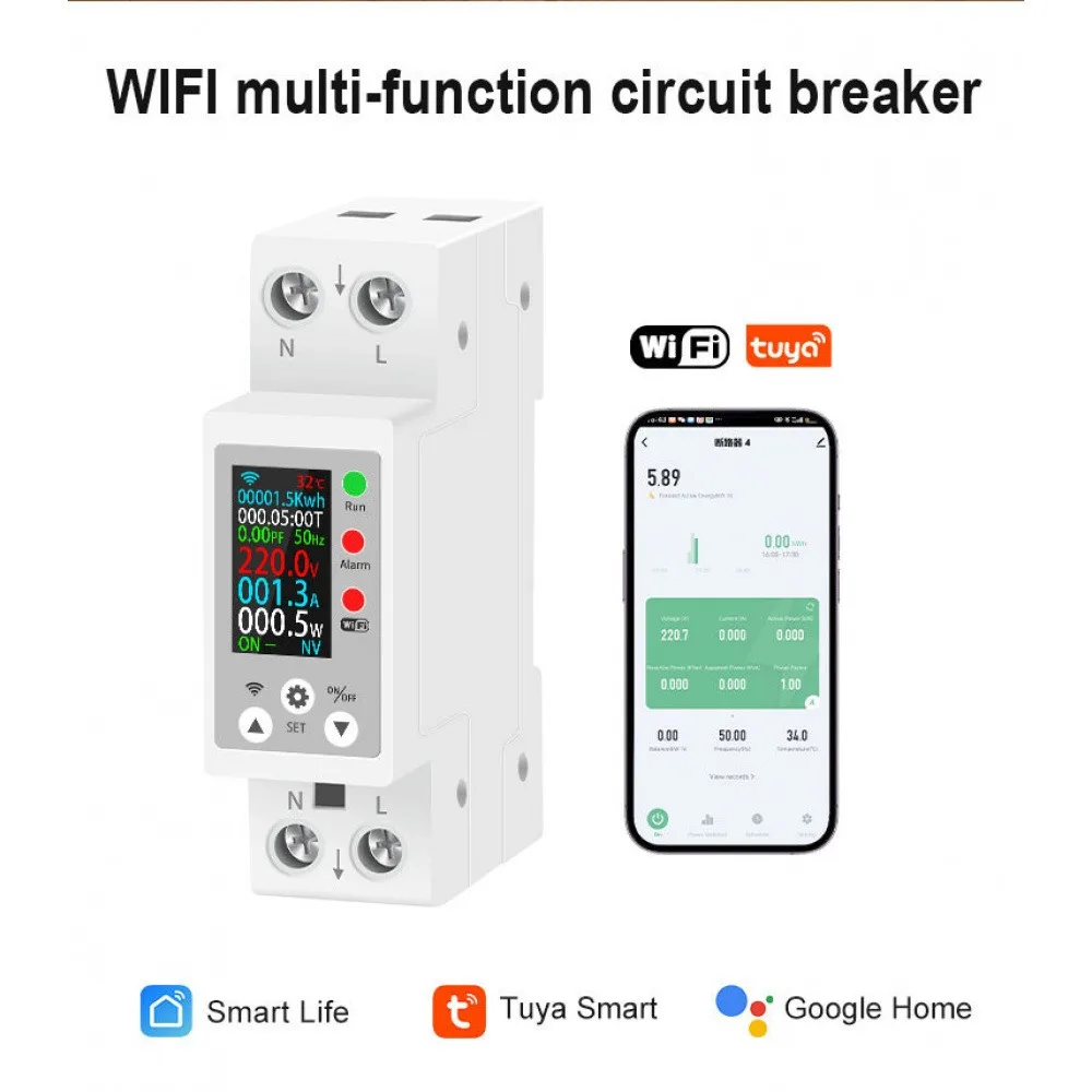 60A Tuya WiFi DIN Rail Smart Energy Meter Digital Volt Current Power KWh Monitor Remote Control Breaker Overvoltage Protection
