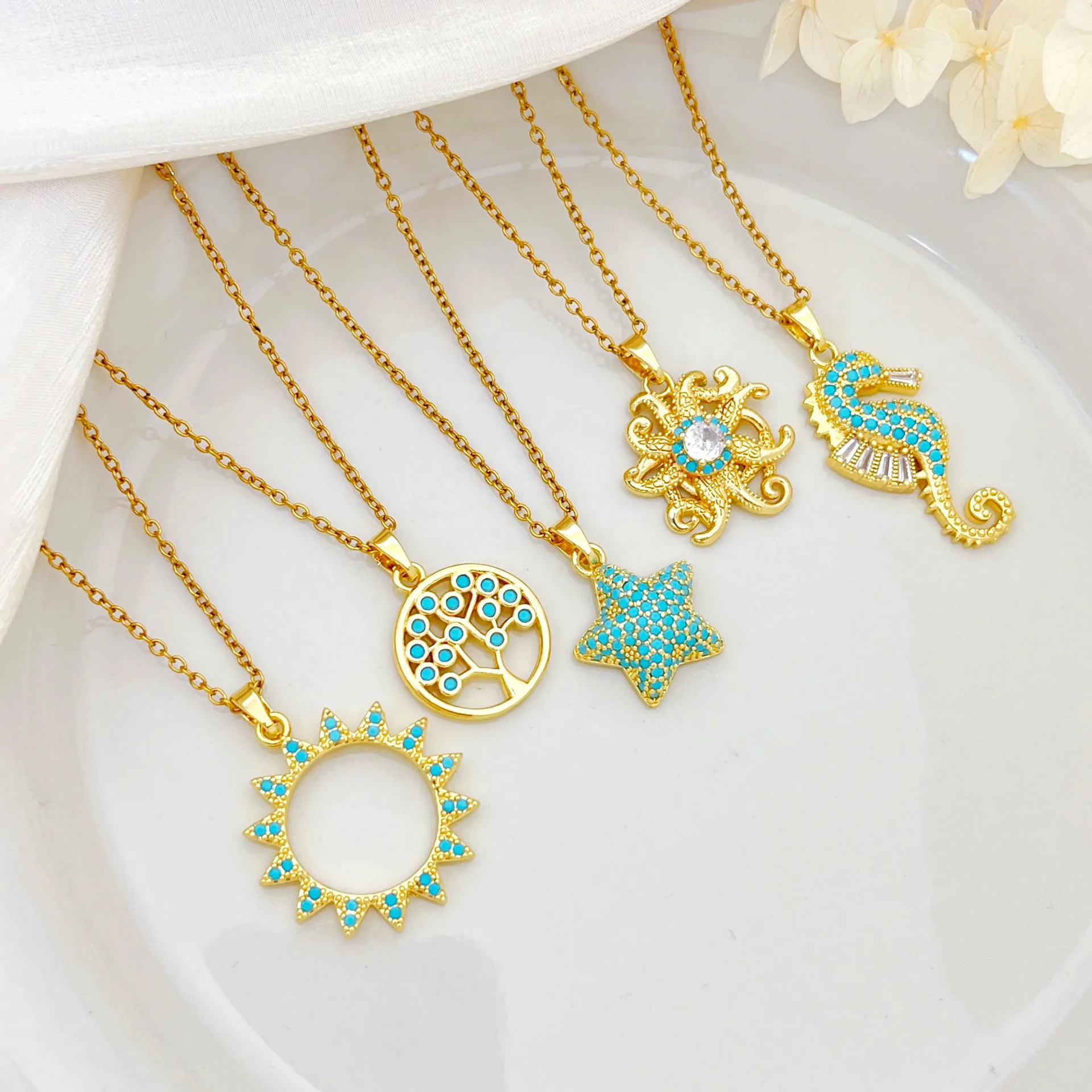 Copper Micro Paved Zircon Starfish Necklace Ocean Series Versatile Temperament Clavicle Chain For Women Trendy Jewelry