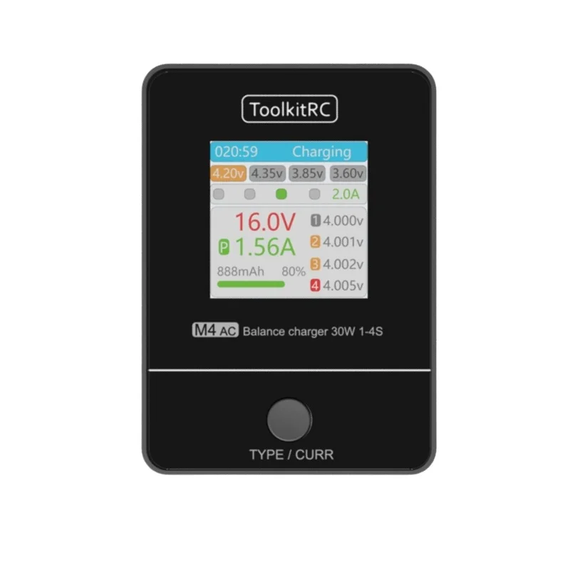 

ToolkitRC M4AC 30W LiPO LiFE LiHV Compact AC Charger 1-4S XT30/ XT60 Interface for RC Model FPV Racing Freestyle Drone Batteries