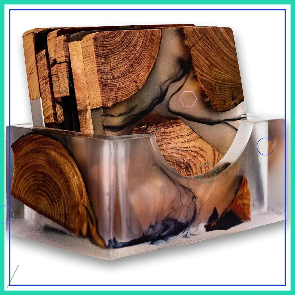 

Modern Epoxy Cedar Wood Coasters Set with Holder, 4 Pack for Hot & Cold Drinks