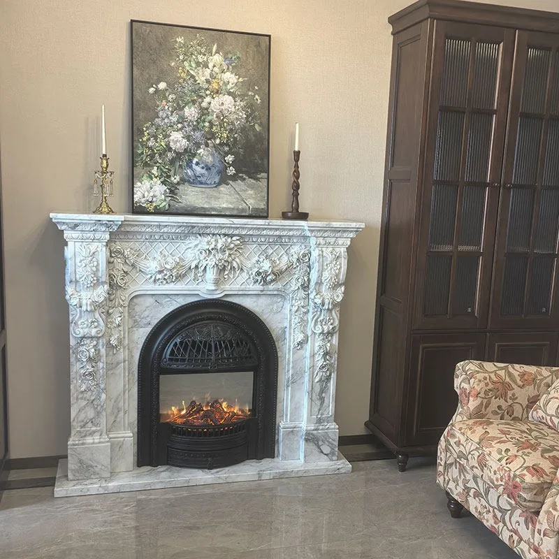 Custom stone carving fireplace white marble European rich flower fireplace home improvement living room villa stone background w
