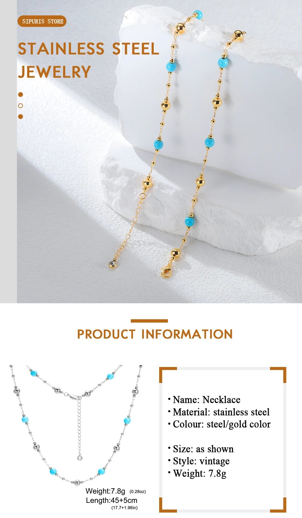 Sipuris Blaue Kiefer-Stein-Halskette für Damen, Edelstahl, goldfarbene Perlen, minimalistische Charm-Halskette, Schmuck, Geschenke, trendig – Detail 5